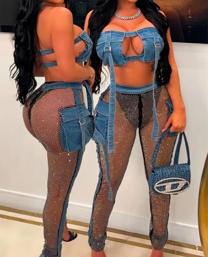 denim rhinestone long panrs and tube denim top set