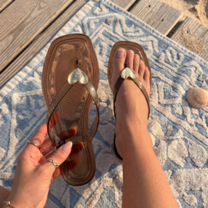 Women Modeling Brown Clear Gold Heart Jelly Trinidad Tobago Flat Sandals
