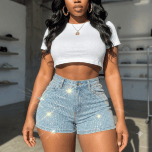 Woman-wearing-a-blue-short-denim-jeans-pants-with-rhinestones