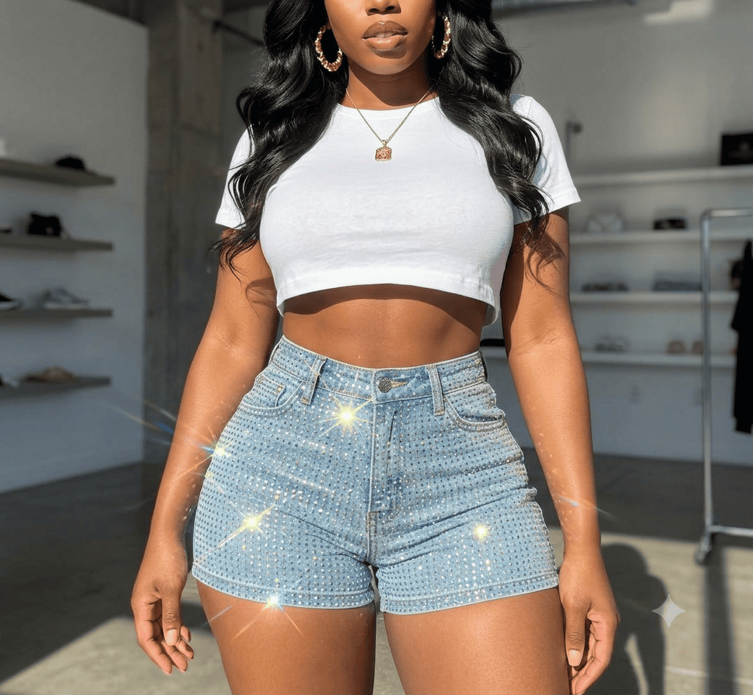 Woman-wearing-a-blue-short-denim-jeans-pants-with-rhinestones